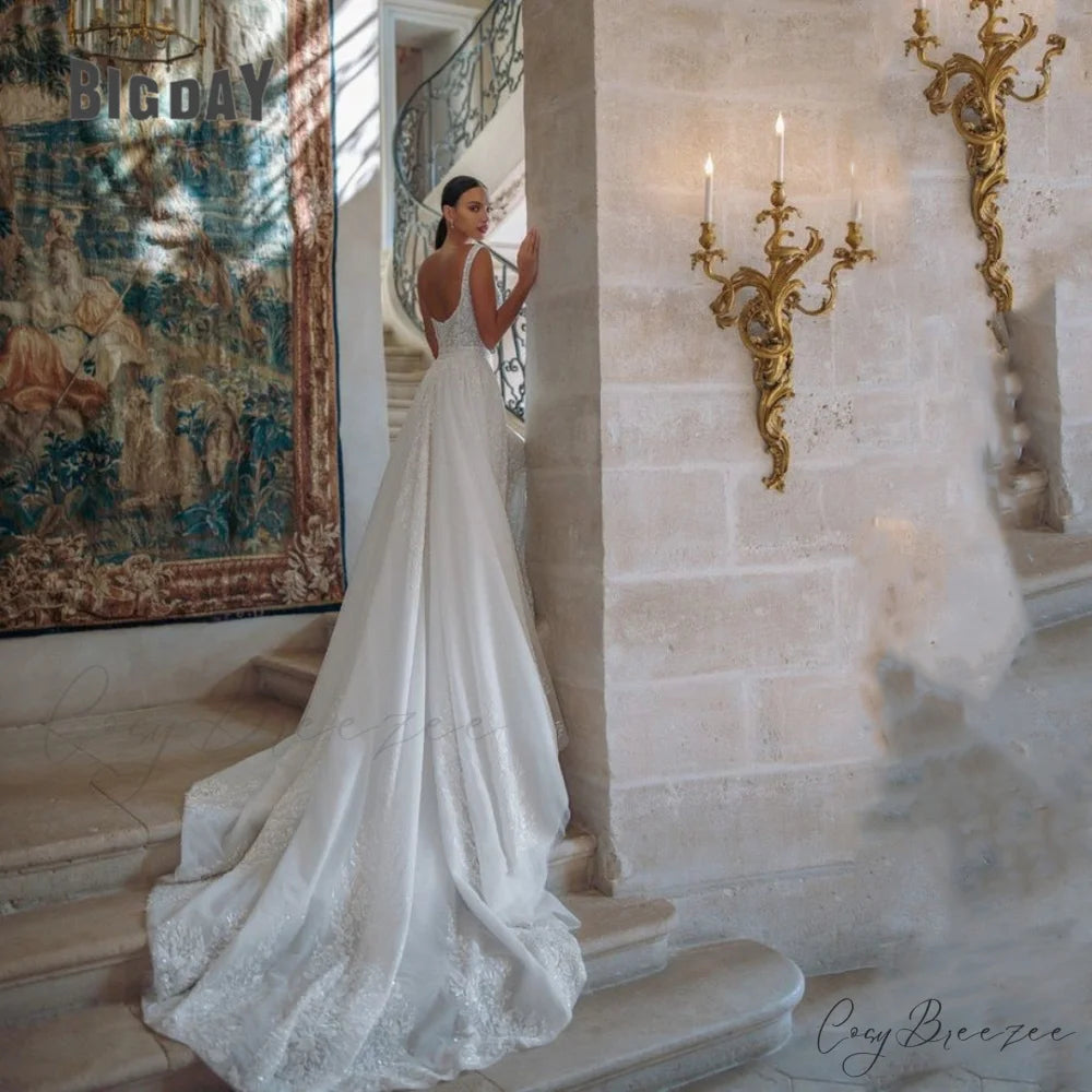 Deep V-Neck Long Train Evening Wedding Dress weddingdress-250223