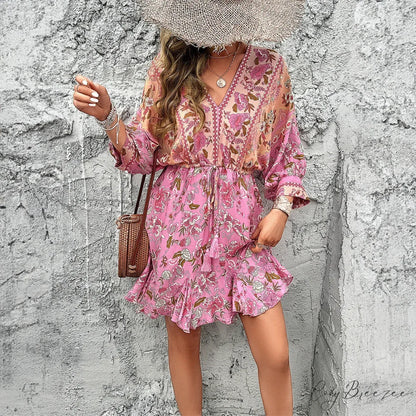 Deep V Neck Mini Cotton Boho Dress bohodress-250126