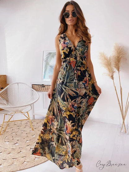 Deep V Neck Print Sleeveless Boho Dress