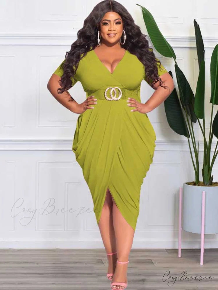 Deep V Neck Ruched Long Classic Sleeve Party Mini Dress - White Green / XL