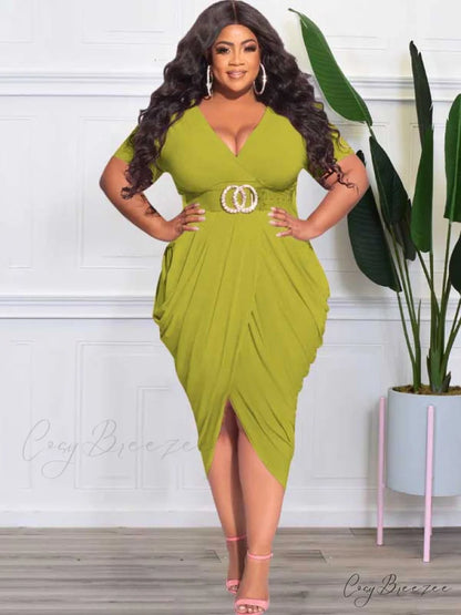 Deep V Neck Ruched Long Classic Sleeve Party Mini Dress - White Green / XL
