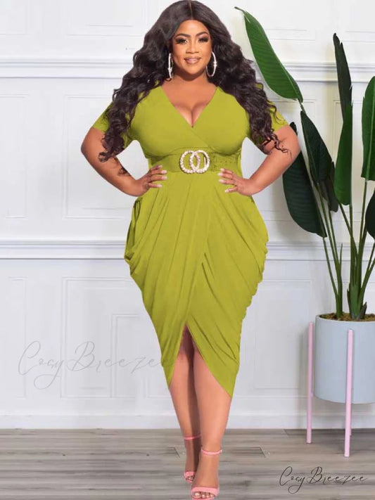 Deep V Neck Ruched Long Classic Sleeve Party Mini Dress - White Green / XL