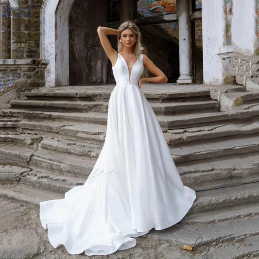Deep V-Neck Satin Sheer Wedding Dress lvory white / 2 weddingdress-250223