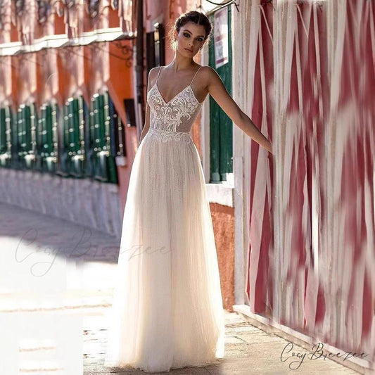 Deep V-Neck Sheer Tulle Wedding Dress weddingdress-250223
