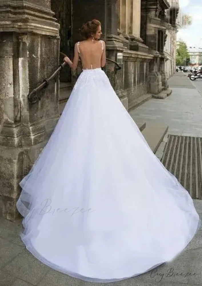 Deep V-Neck Sleeveless Lace Wedding Dress lvory white / 2 weddingdress-250223