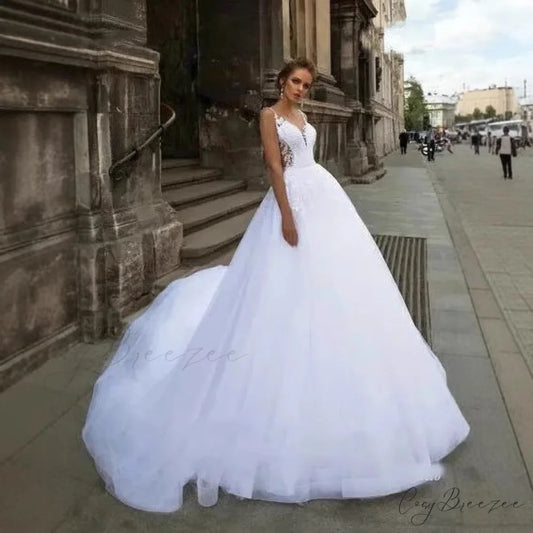 Deep V-Neck Sleeveless Lace Wedding Dress weddingdress-250223