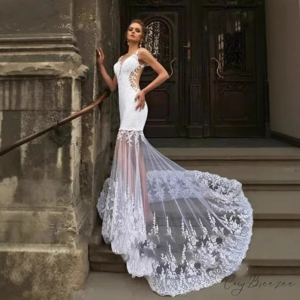 Deep V-Neck Sleeveless Lace Wedding Dress weddingdress-250223