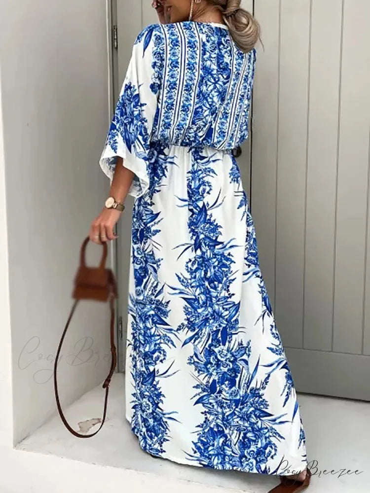 Deep V Neck Waist Drawstring Spring Pattern Vintage Boho Dress