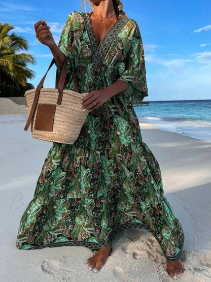 Deep V Neck Waist Drawstring Spring Pattern Vintage Boho Dress GREEN / S