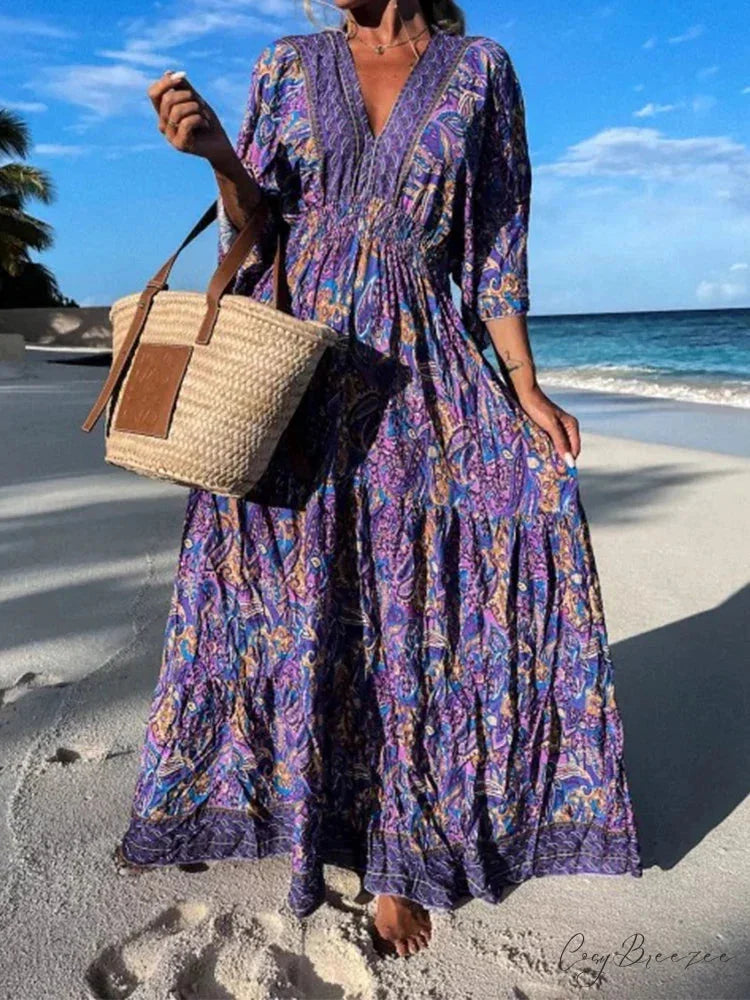 Deep V Neck Waist Drawstring Spring Pattern Vintage Boho Dress PURPLE / S