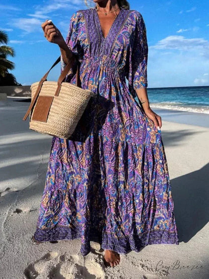Deep V Neck Waist Drawstring Spring Pattern Vintage Boho Dress PURPLE / S