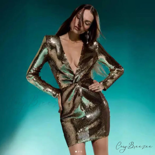 Deep V Sequin Long Sleeve Bodycon Prom Dress promdress-250223