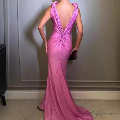 Deep V Sleeveless Open-Back Solid Color Prom Dress promdress-250223