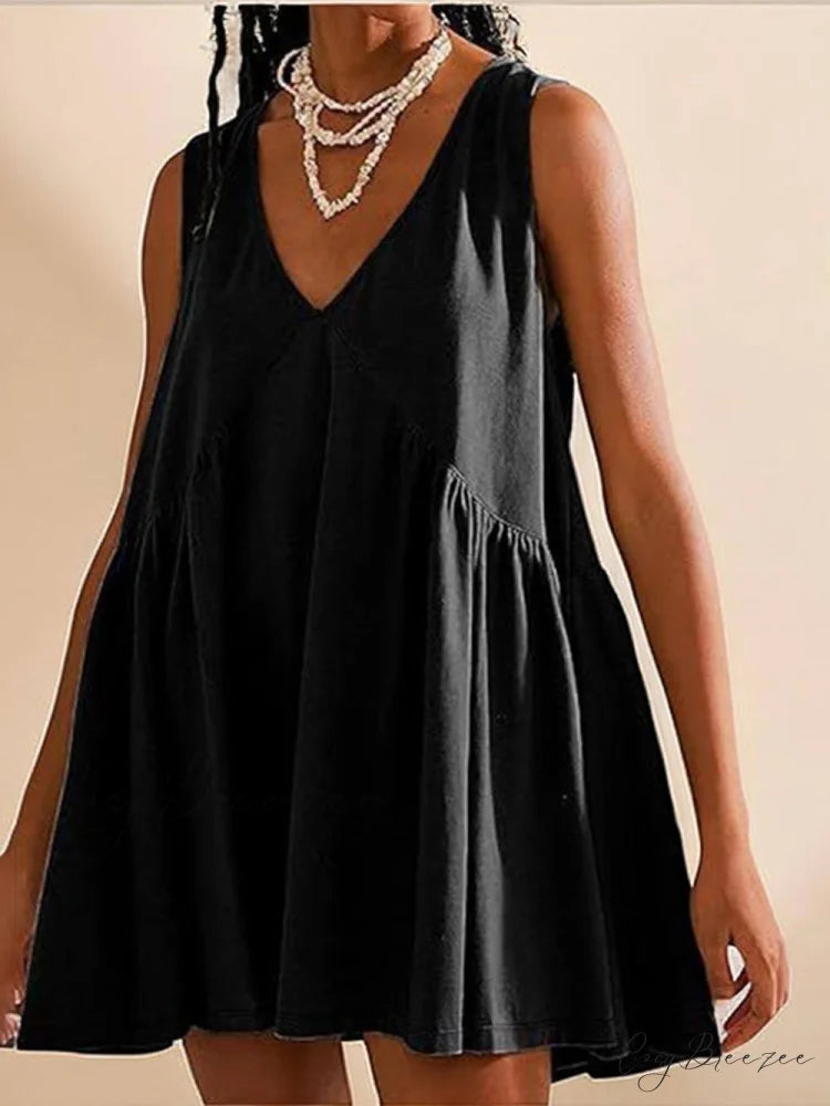 Deep V Wide Charming Strap Mini Tank Dress Black / S