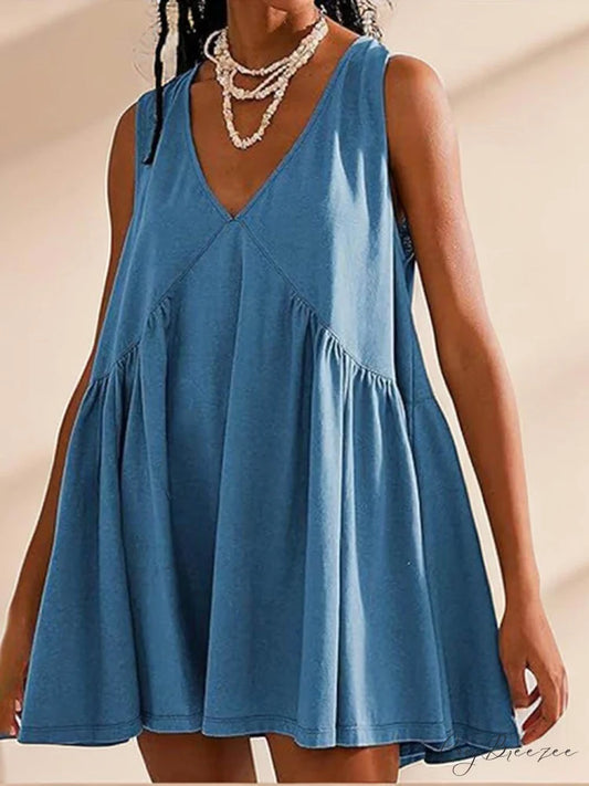 Deep V Wide Charming Strap Mini Tank Dress Blue / S