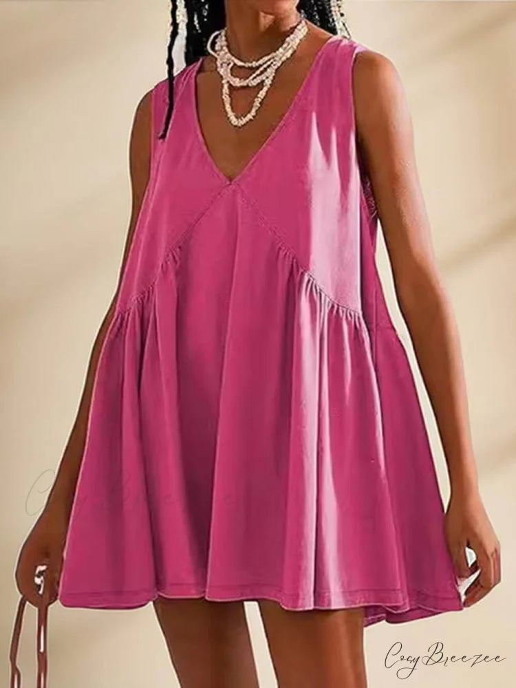 Deep V Wide Charming Strap Mini Tank Dress Rose Red / S