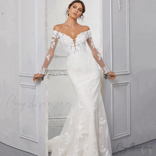 Delicate Lace Fishtail Long Train Bridal Gown lvory white / 2 weddingdress-250223