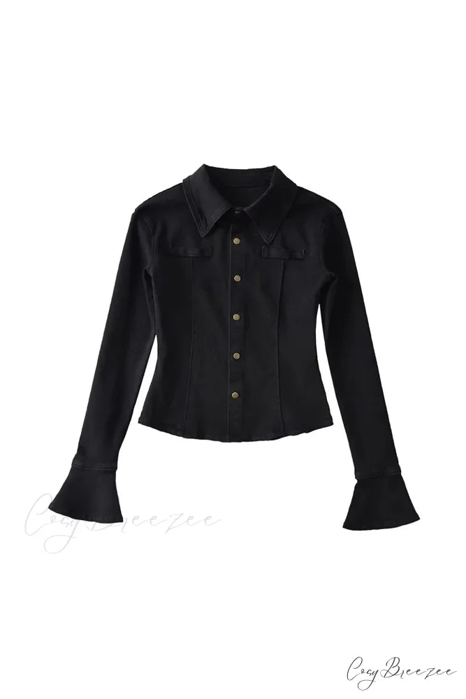 Denim Blouse with Bell Sleeves and Lapel Black / S