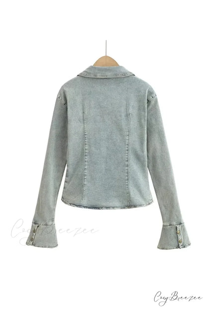 Denim Blouse with Bell Sleeves and Lapel Blue / L
