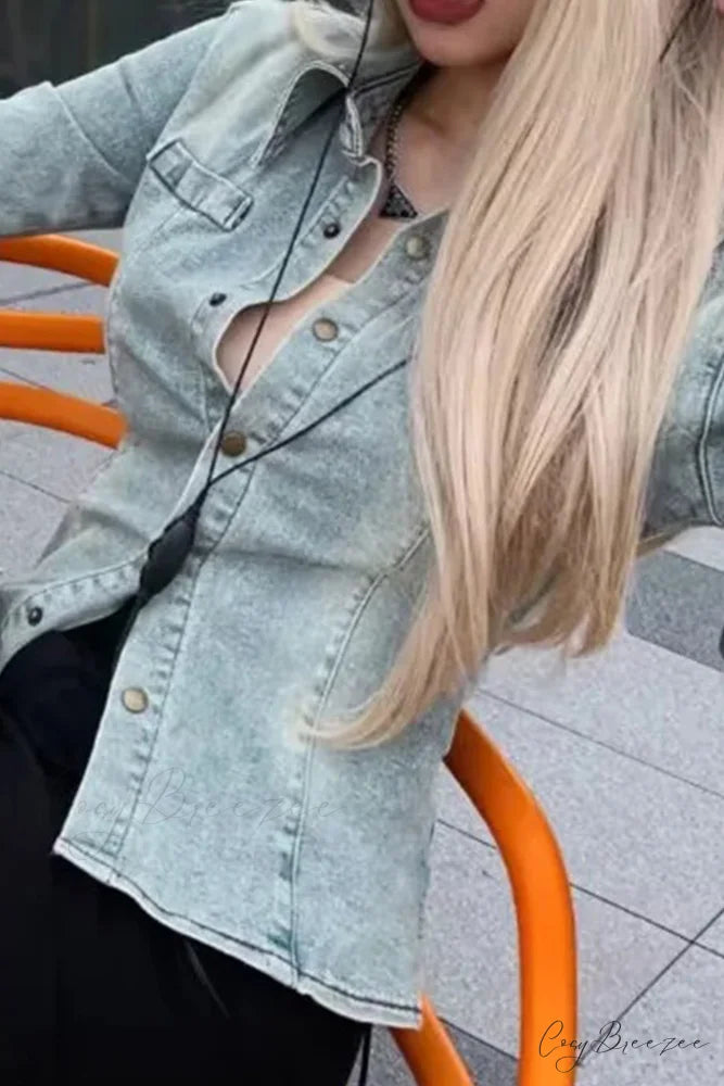 Denim Blouse with Bell Sleeves and Lapel Blue / M