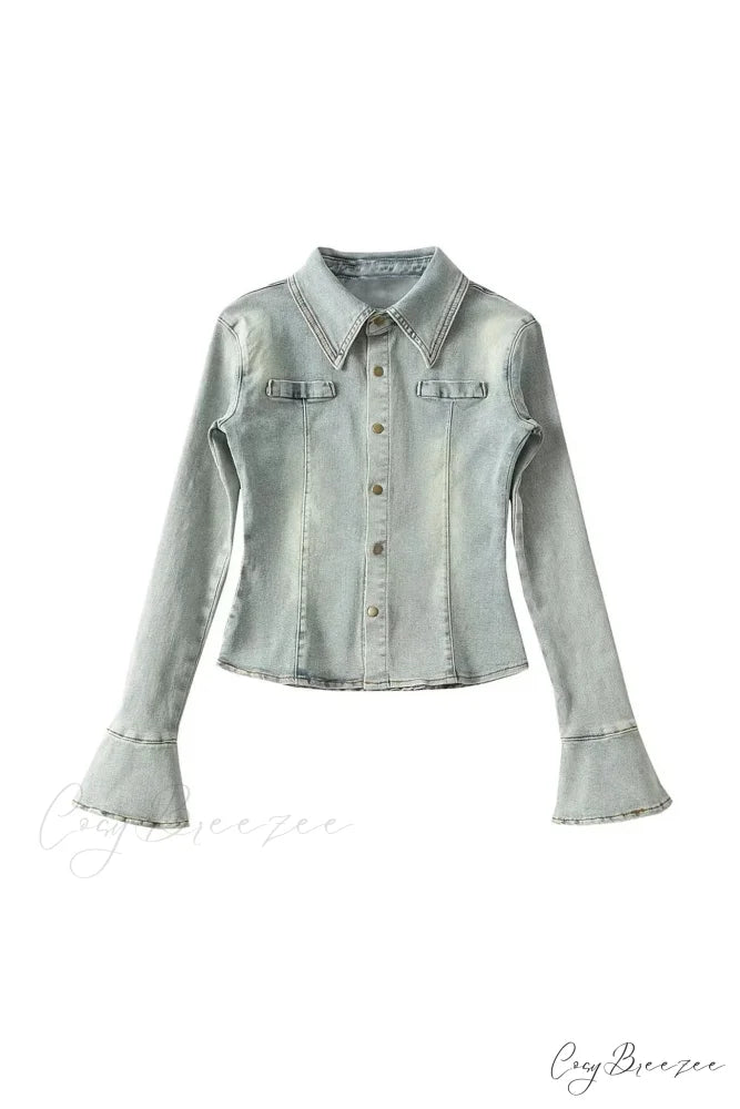 Denim Blouse with Bell Sleeves and Lapel Blue / S