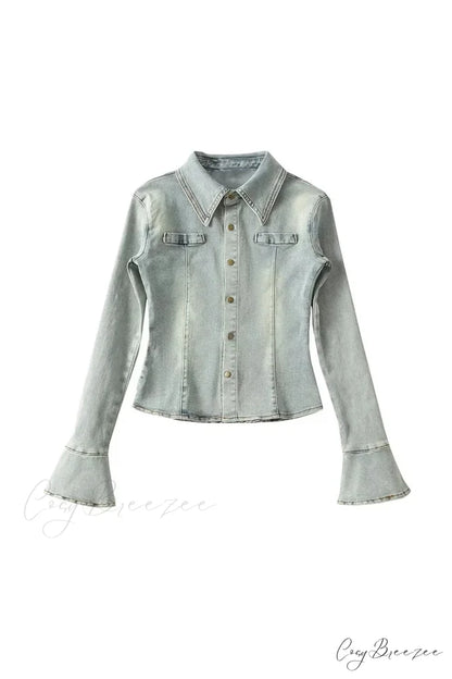 Denim Blouse with Bell Sleeves and Lapel Blue / S