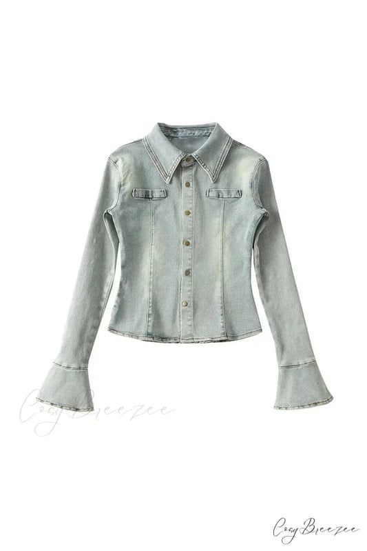 Denim Blouse with Bell Sleeves and Lapel Blue / S