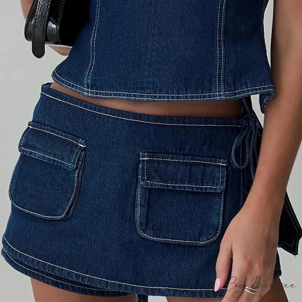 Denim Bow Knot Patchwork Skirt DEEP BLUE / S skirts-250223