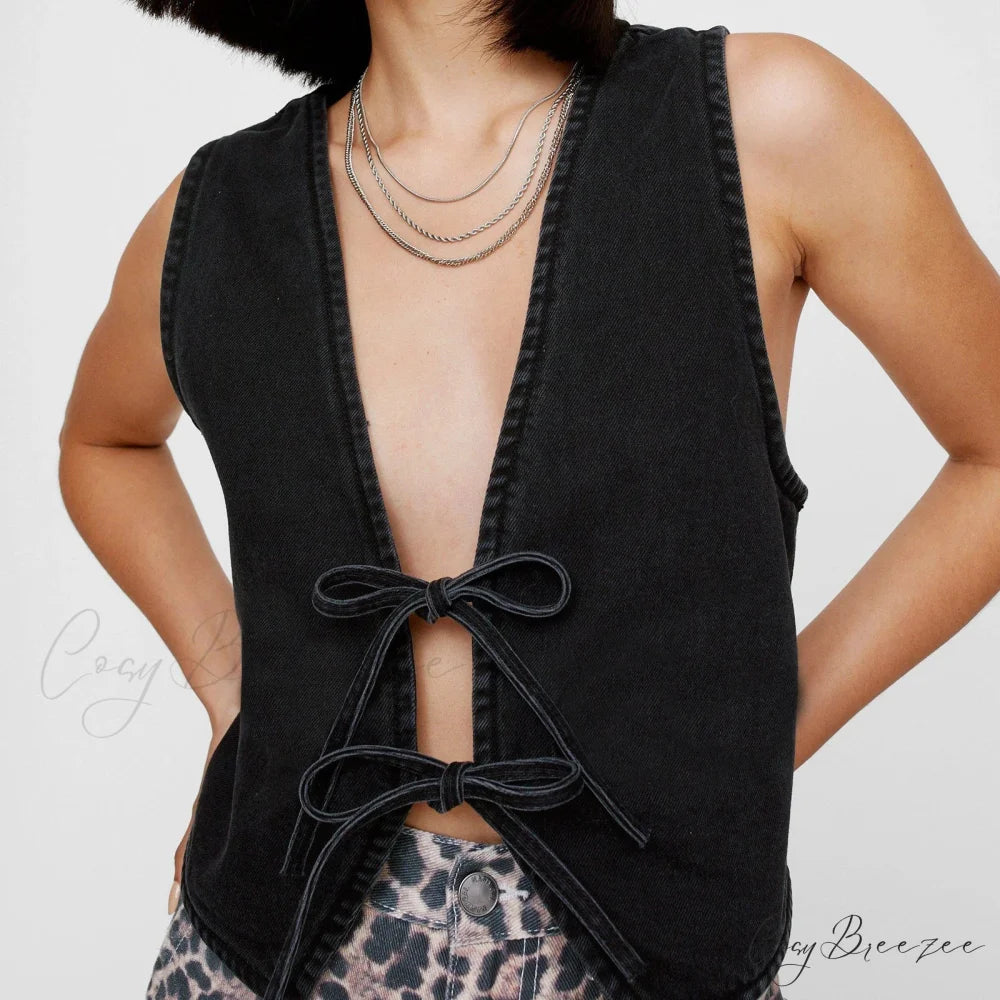 Denim Bow Tie Crop Top Black / S croptop-250223