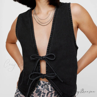 Denim Bow Tie Crop Top Black / S croptop-250223
