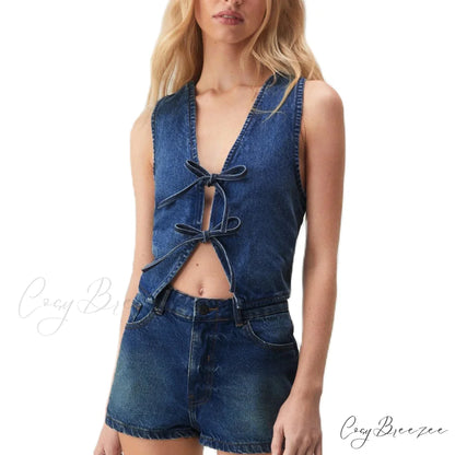 Denim Bow Tie Crop Top Deep Blue / S croptop-250223