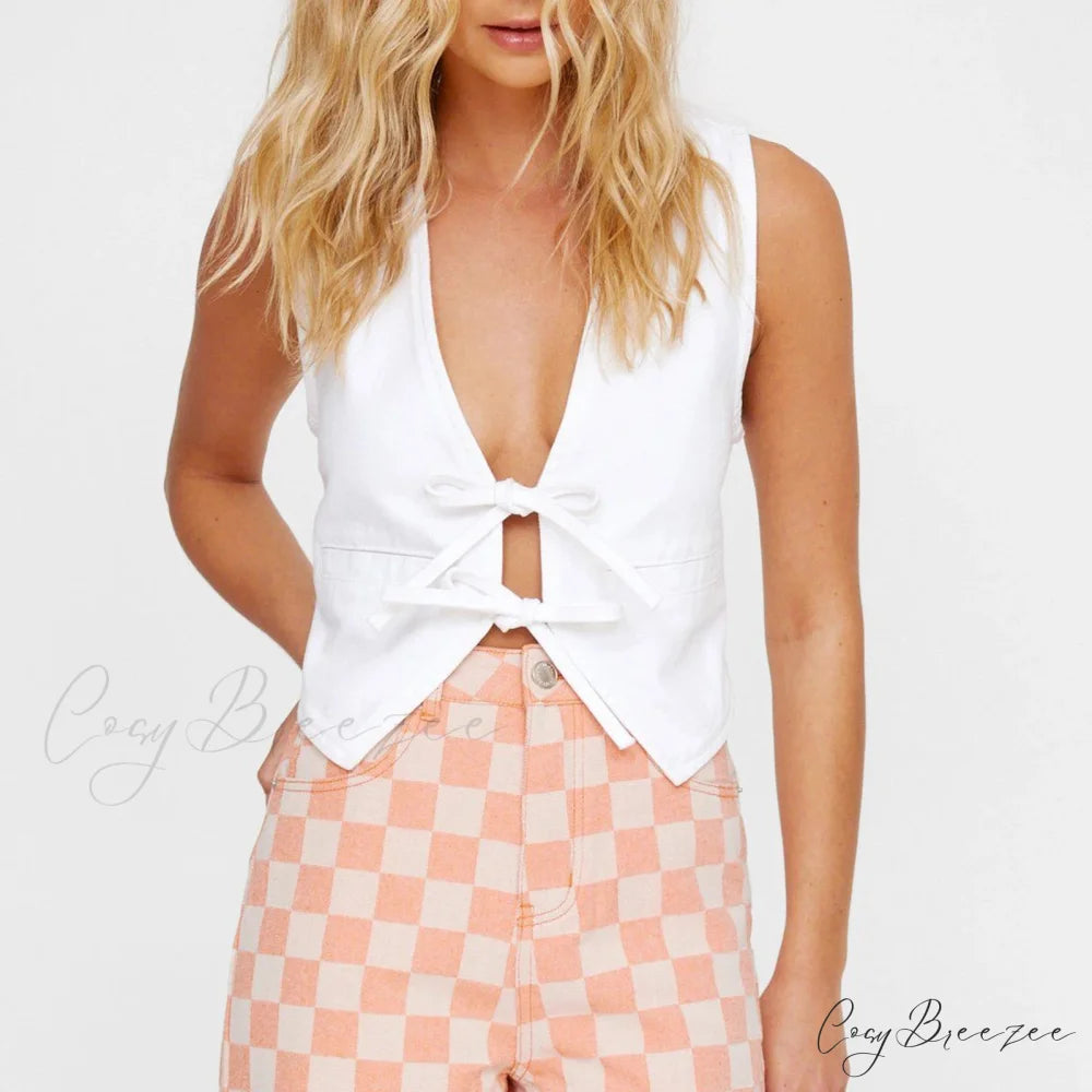 Denim Bow Tie Crop Top WHITE / S croptop-250223