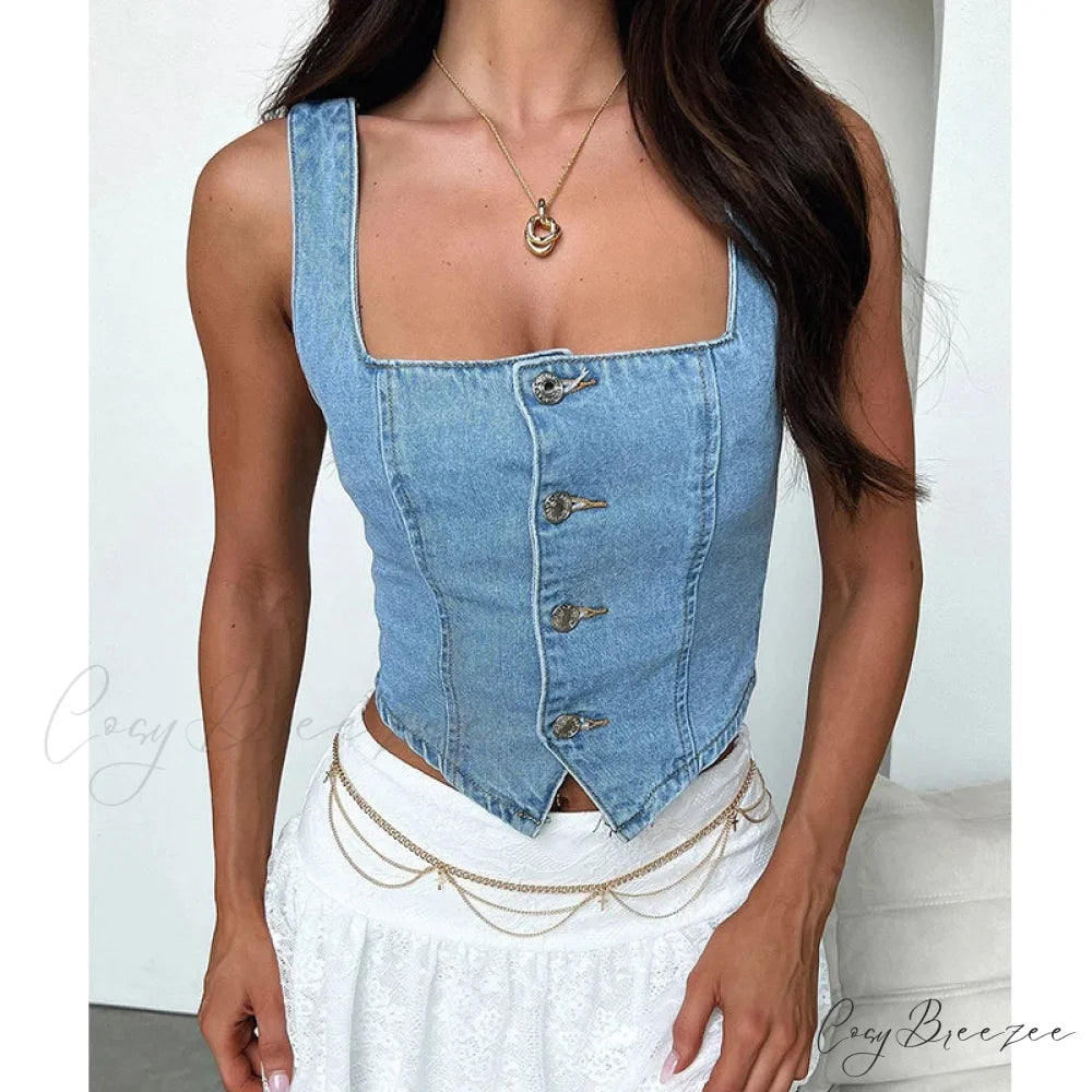 Denim Button Boat Crop Top blue / S croptop-250223