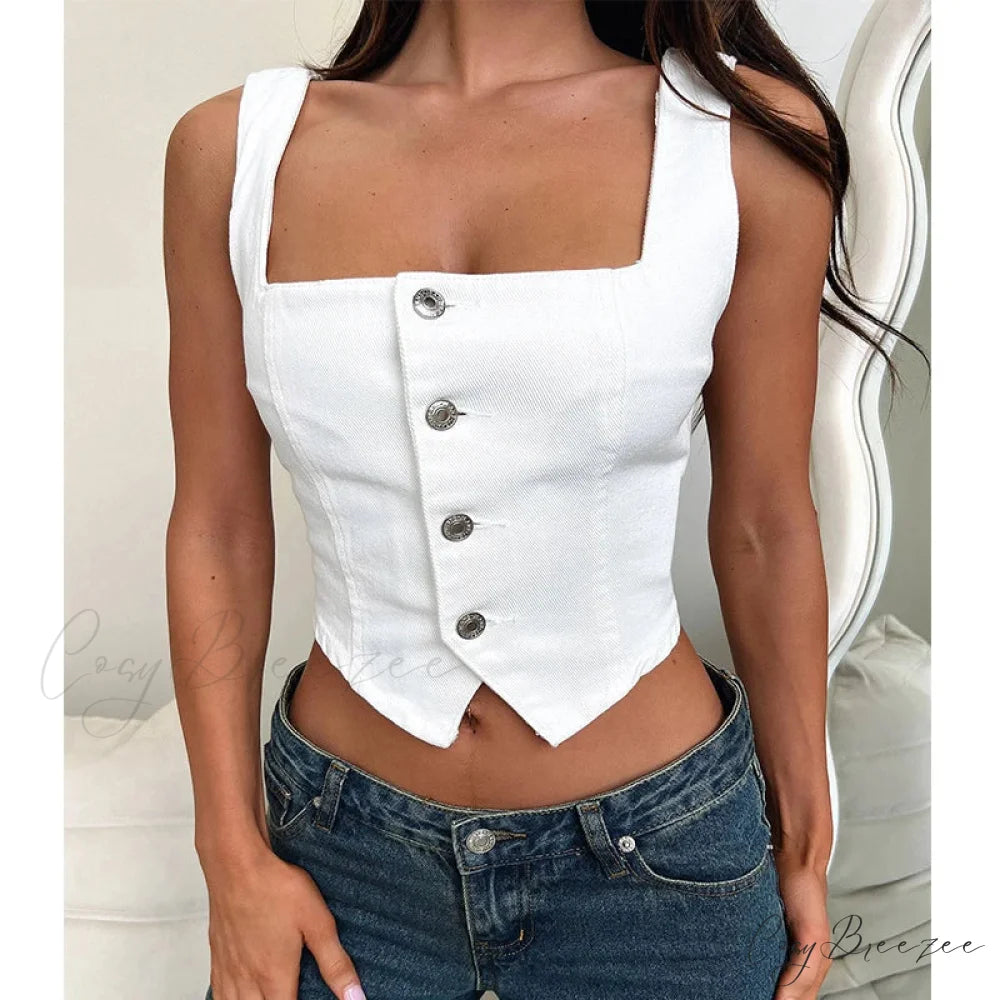 Denim Button Boat Crop Top white / S croptop-250223