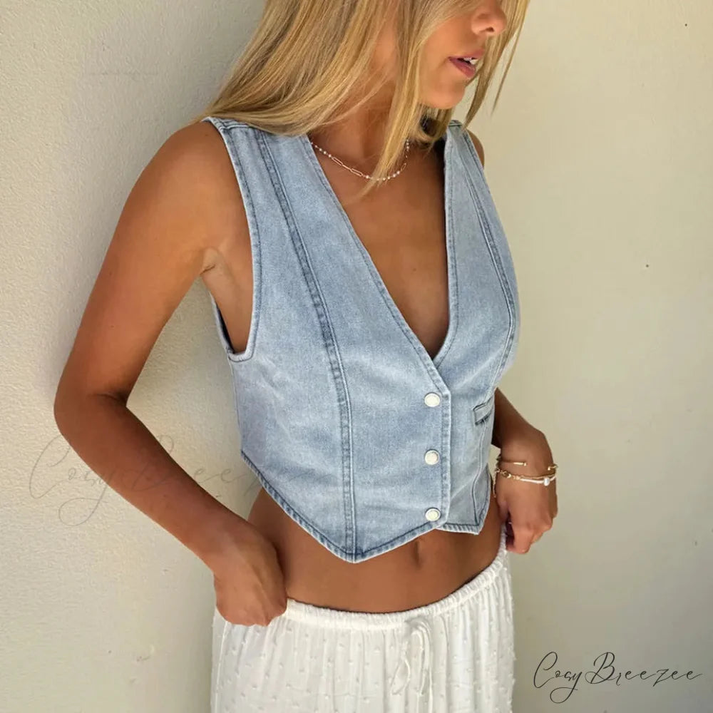 Denim Button Cowgirl Crop Top croptop-250223