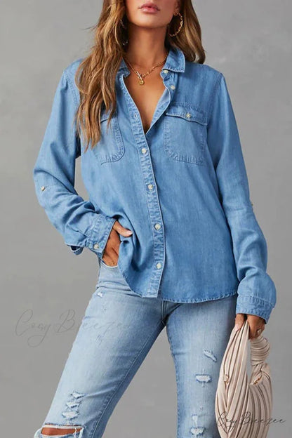 Denim Button-Up Blouse Blue / L