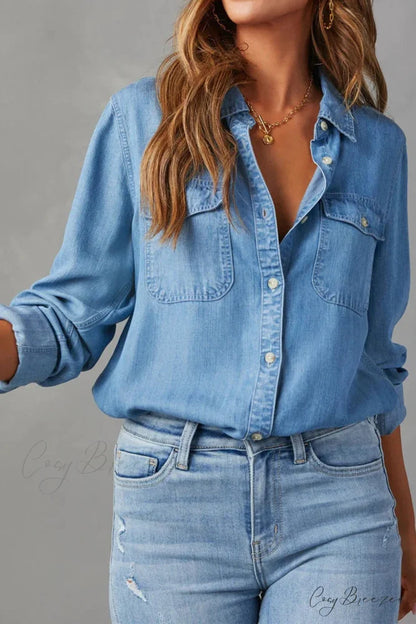 Denim Button-Up Blouse Blue / M