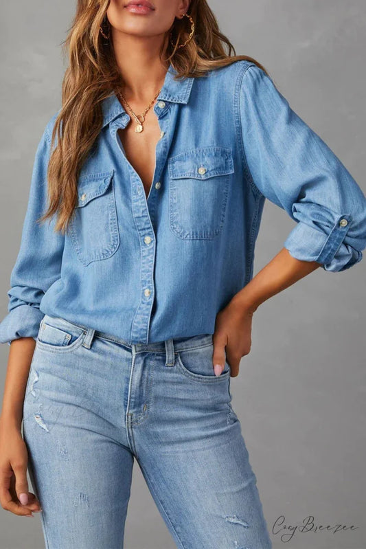 Denim Button-Up Blouse Blue / S