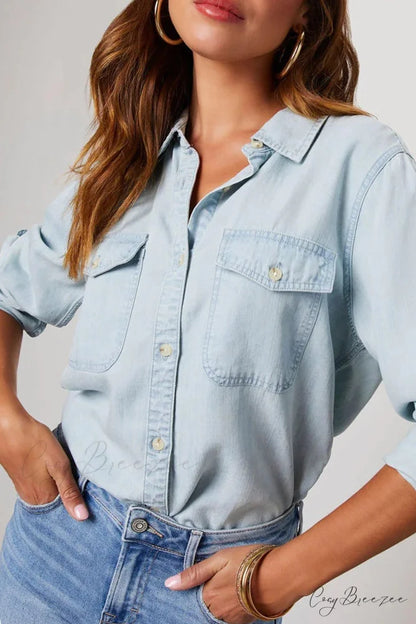 Denim Button-Up Blouse Light Blue / L