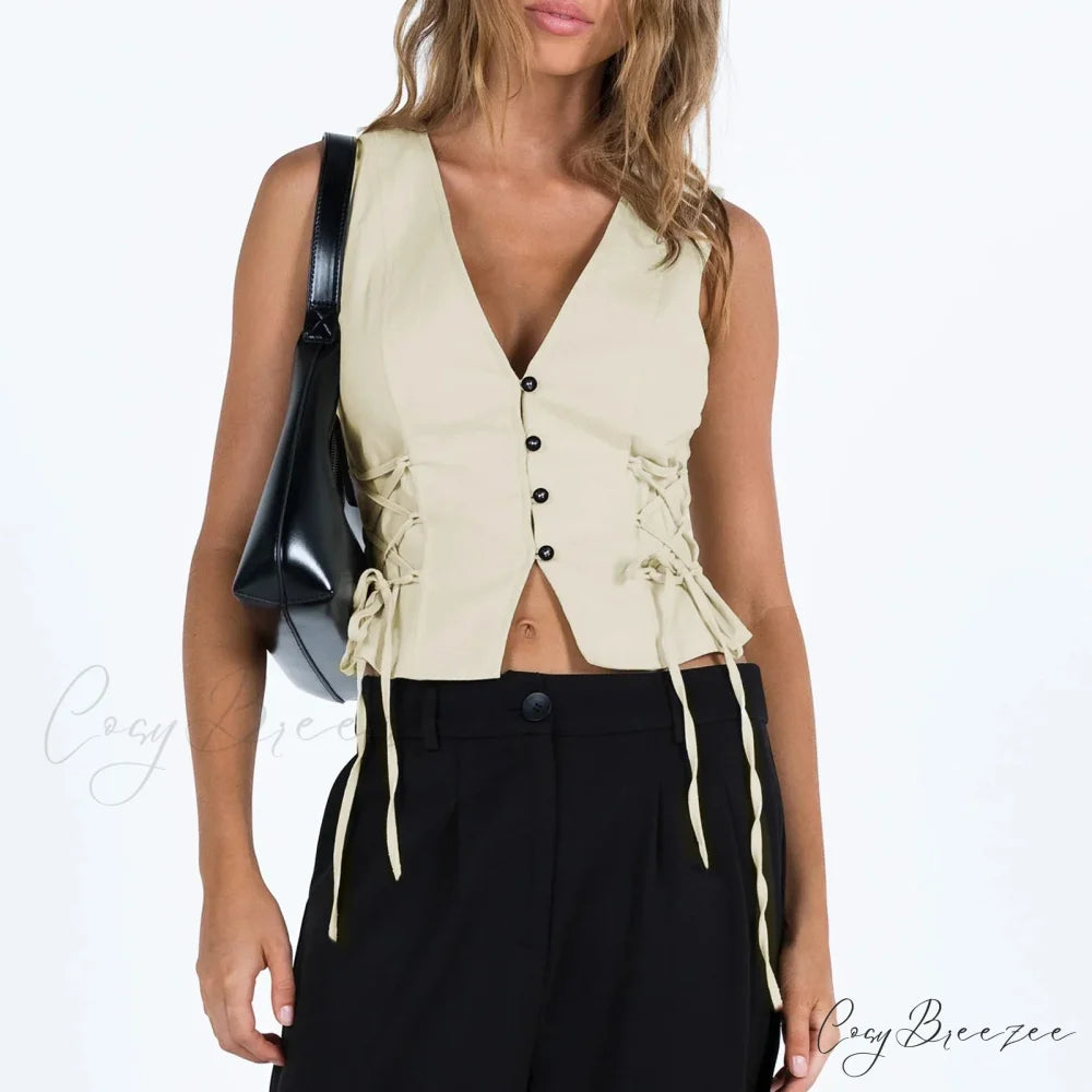 Denim Button V-Neck Crop Top croptop-250223