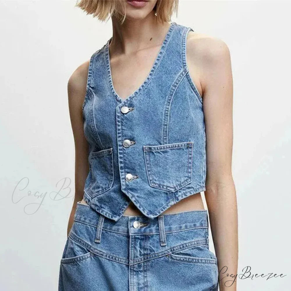 Denim Button V-Neck Crop Top croptop-250223