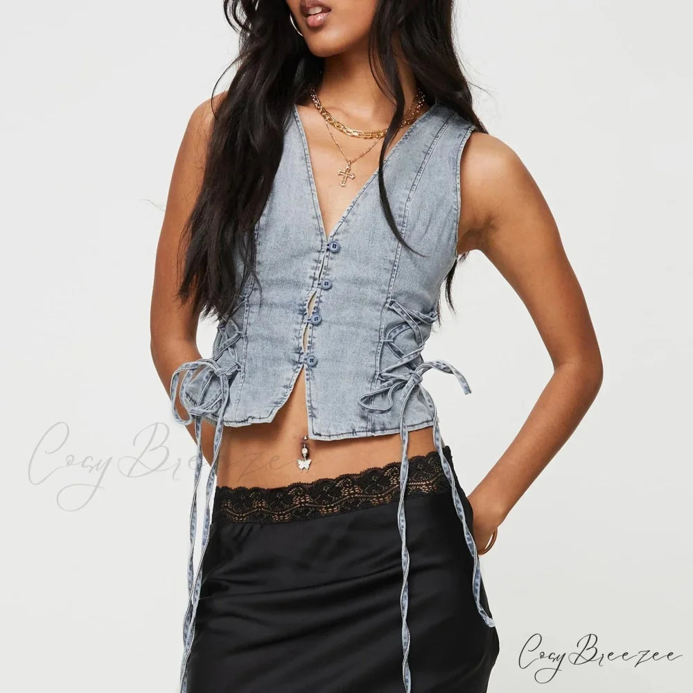 Denim Button V-Neck Crop Top croptop-250223