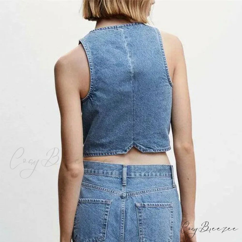 Denim Button V-Neck Crop Top croptop-250223