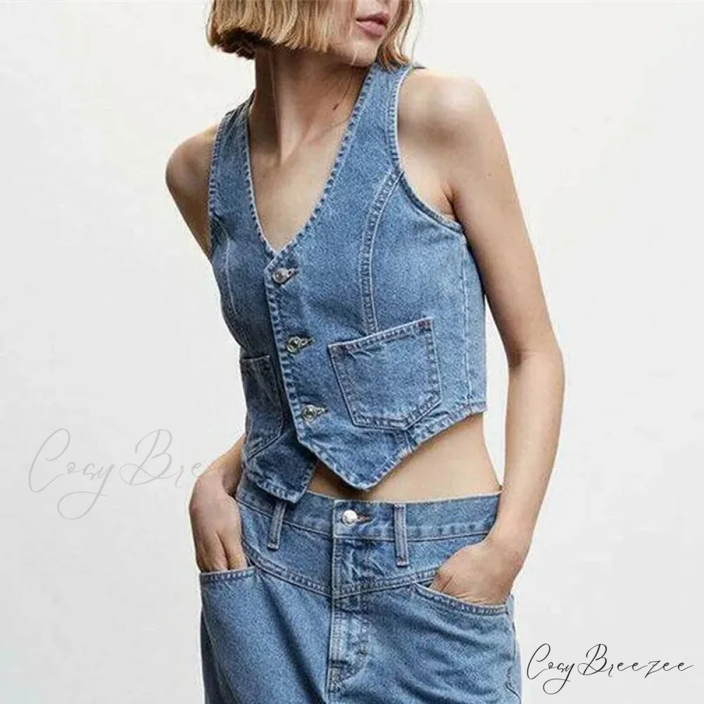 Denim Button V-Neck Crop Top croptop-250223