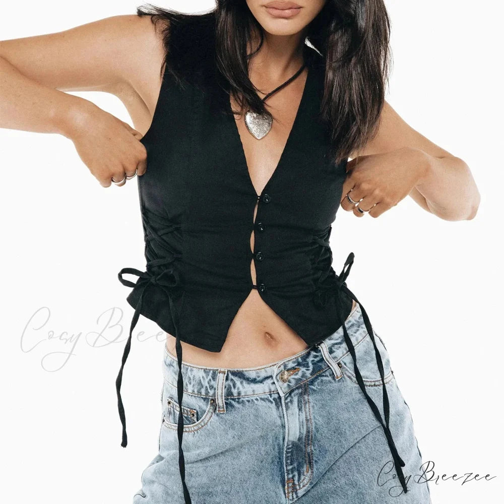Denim Button V-Neck Crop Top croptop-250223