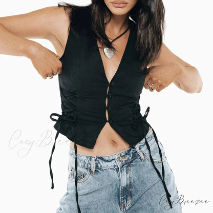 Denim Button V-Neck Crop Top croptop-250223
