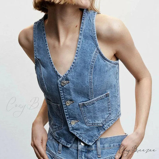 Denim Button V-Neck Crop Top S croptop-250223