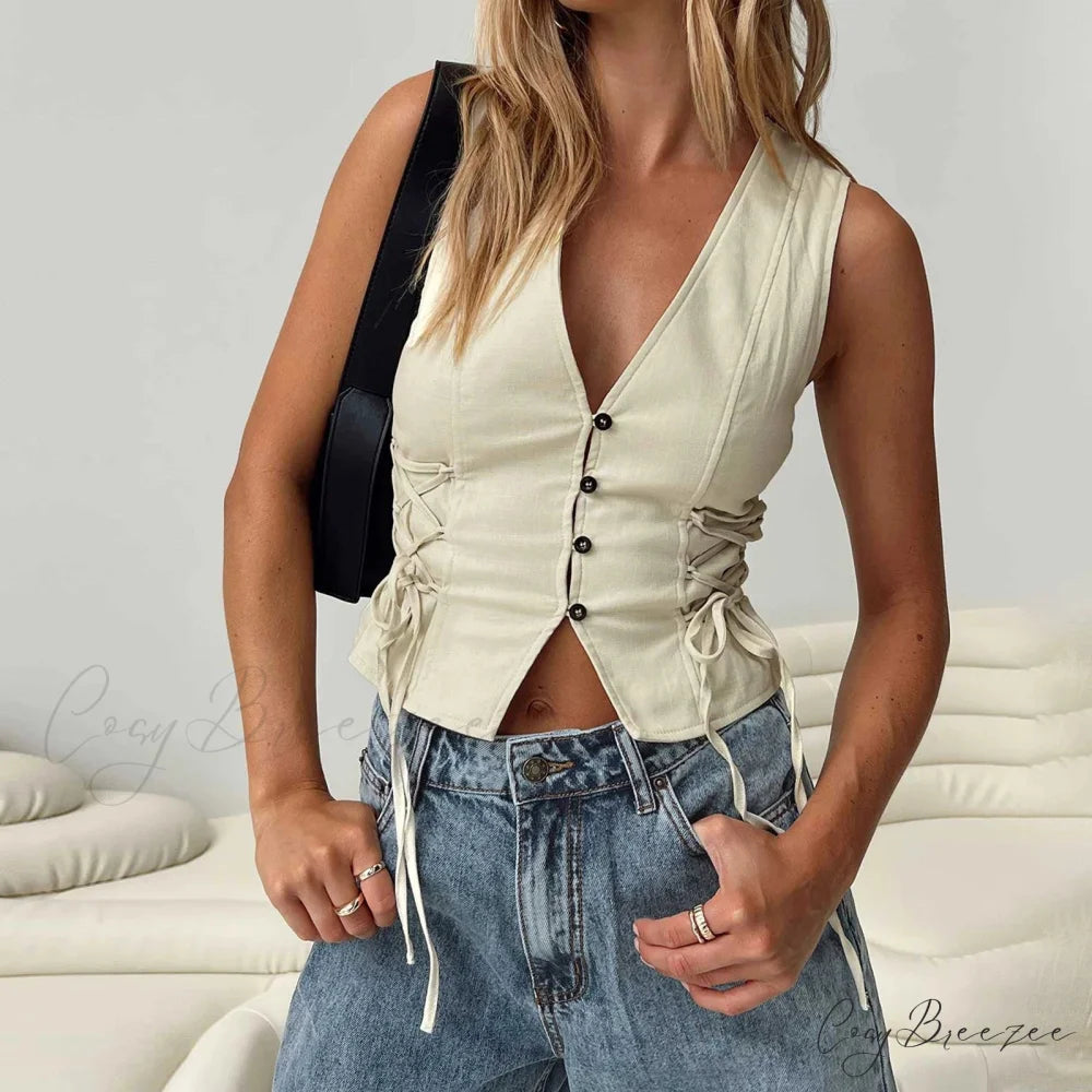Denim Button V-Neck Crop Top Yellow / S croptop-250223