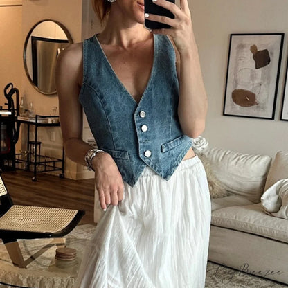 Denim Button Western Crop Top Blue / S croptop-250223