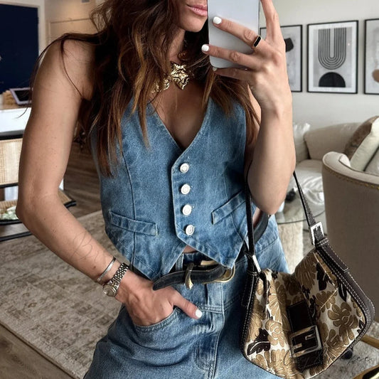 Denim Button Western Crop Top croptop-250223